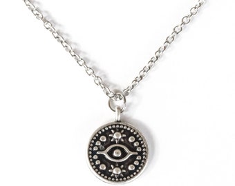 Collana con occhio per uomo, collana da uomo in argento con moneta con occhio malvagio, ciondolo rotondo, collana con catena in acciaio inossidabile, regalo per lui, collana, minimalista