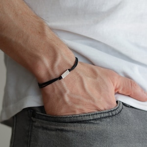 Mens Bracelet With Silver Rectangle Bead, Black Bracelet For Men, Gift For Him, Mens Jewelry, Best Man Gift, Minimalist Friendship Bracelet