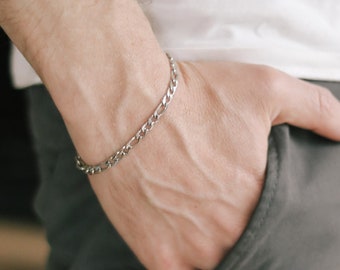 Bracciale a catena per uomo, bracciale impermeabile con catena in acciaio inossidabile argentato, gioielli minimalisti da uomo per tutti i giorni, regalo per la festa del papà per lui