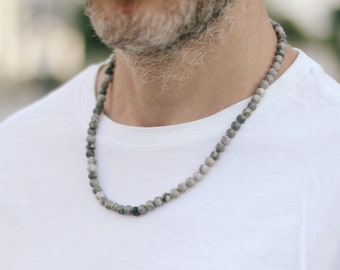 Collana di diaspro per uomo, collana di perline, collana da uomo con perline grigie, perline da 6 mm, protezione, regolabile, regalo per lui, gioielli da uomo