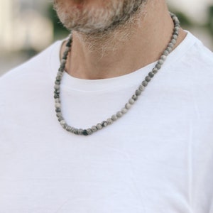 Jaspisketting voor heren, kralenketting, herenketting met grijze kralen, 6 mm kralen, bescherming, verstelbaar, cadeau voor hem, herensieraden