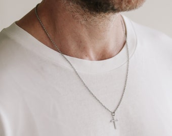 Cross necklace for men, groomsmen gift, mens necklace waterproof steel cross pendant, silver chain gift for him, christian catholic necklace