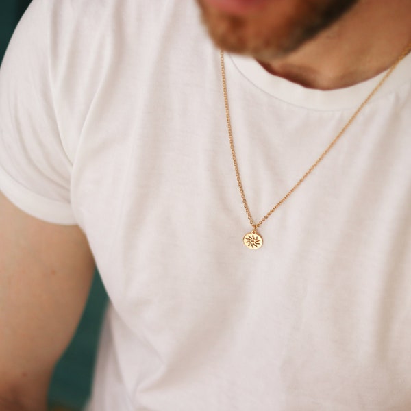 Zon ketting voor mannen, groomsmen cadeau, mannen ketting gouden zon hanger, roestvrij ketting ketting, cadeau voor hem, Yoga ketting, waterdicht