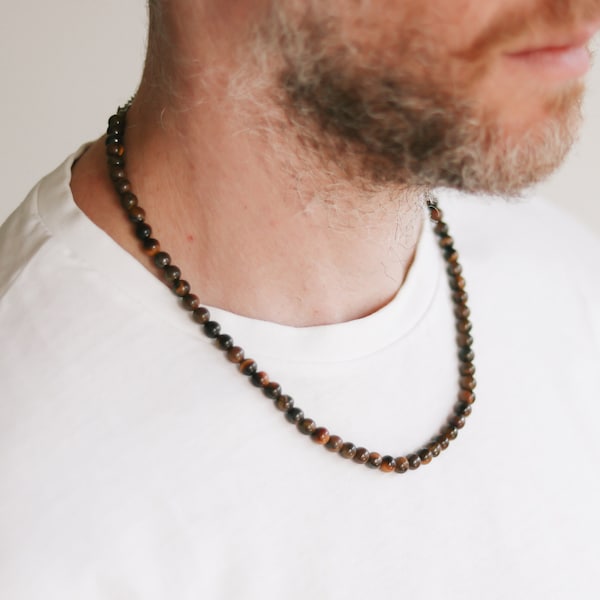 Tiger Eye necklace for men, Beaded necklace, men's necklace with brown beads, 6mm beads, good luck, adjustable, gift for him, mens jewelry