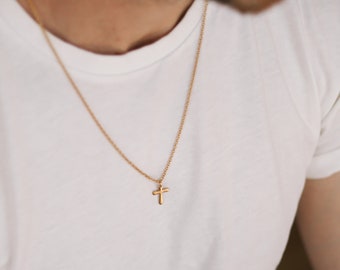 Cross necklace for men, groomsmen gift, mens necklace waterproof gold cross pendant, gold chain gift for him, christian catholic necklace