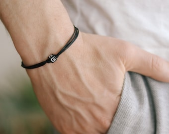 Initial bracelet for men, custom men's bracelet, black charm bead, English letter black string, personalise friendship bracelet gift for him