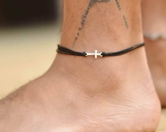 Cross anklet for men, silver tone cross charm anklet bracelet, custom size color string men's anklet, Christian jewelry, faith gift for him
