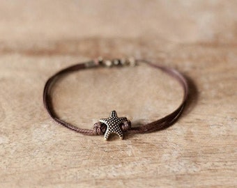 Men's bracelet, bronze starfish, brown cords, bracelet for men, gift for him, sea star, bead star bracelet, gift for boyfriend, star fish