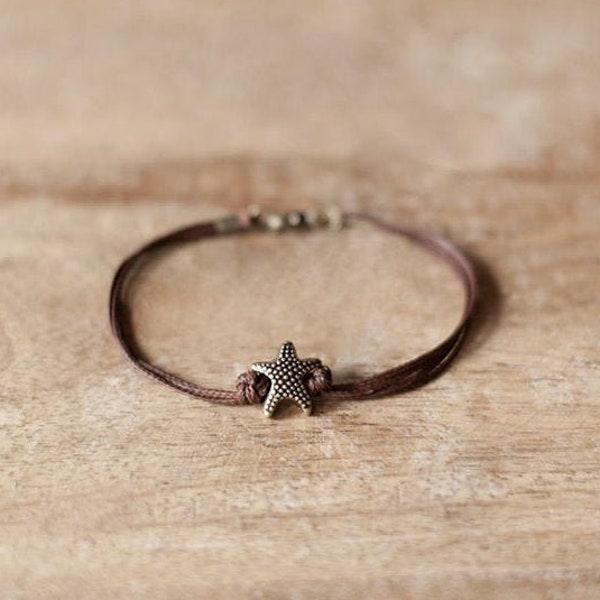 Men's bracelet, bronze starfish, brown cords, bracelet for men, gift for him, sea star, bead star bracelet, gift for boyfriend, star fish