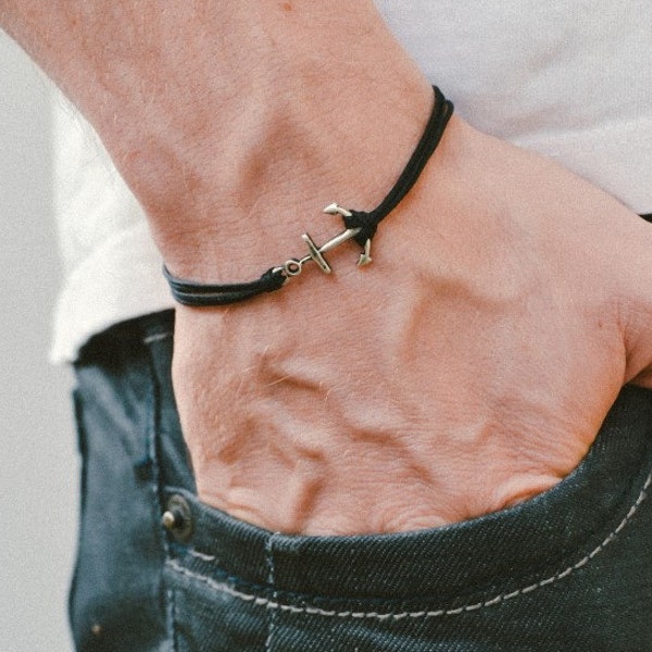 Anchor cord bracelet, men's bracelet, silver anchor charm, black cords, bracelet for men, gift for him, sailor bracelet, clasp, mens jewelry