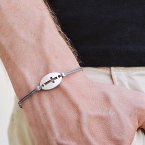 Cross bracelet for men, christian catholic jewelry, men&#39;s bracelet with a silver cross round charm, gray string, groomsmen gift for him