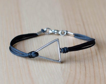 Silver triangle charm bracelet for men, black string, beach jewelry, festival jewelry, custom bracelet, gift for him, geometric mens jewelry