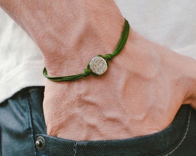 Bracelet for men, cord bracelet with a silver plated round bead charm, green string, custom color size, gift for him, men's karma bracelet