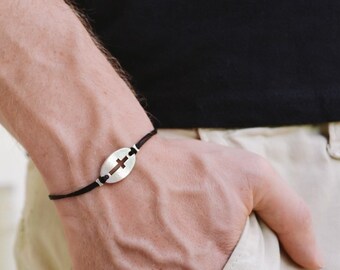 Cross bracelet for men, men's bracelet with a silver tone round cross charm and black cotton cord, gift for him, christian catholic jewelry