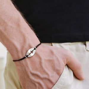 Cross bracelet for men, men&#39;s bracelet with a silver tone round cross charm and black cotton cord, gift for him, christian catholic jewelry