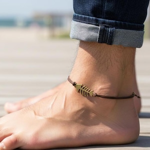 Fish bones anklet for men, foot bracelets for men, men's anklet bronze fishbone charm, brown string anklet, gift for him, fish foot bracelet