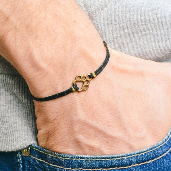 Paw bracelet for men, men's bracelet with bronze paw charm, black cord, gift wrapped, animal lovers, bracelet for men, dog, pet lover