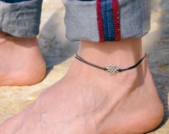 Infinity anklet for men, men's ankle bracelet, silver celtic knot charm, black string, custom size and color, yoga gift for him, spiritual