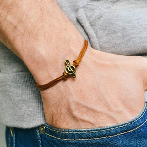 Notarmband för män, herrarmband, bronsfärgad G-klavberlock, bruna snören, present till honom, musikerarmband, G-klav, herrsmycken