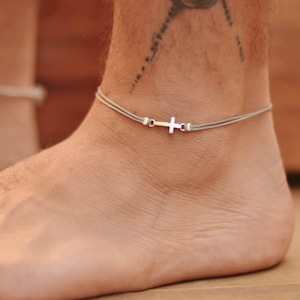 Cross anklet for men, men's anklet with silver cross charm, gray cord, gift for boyfriend, man's ankle bracelet, christian catholic jewelry