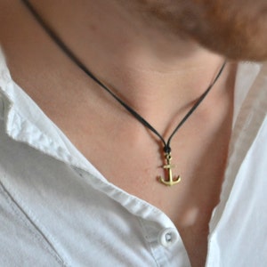 Anchor necklace for men, men's anchor necklace, festival jewelry, black string, bronze pendant. gift for him, men jewelry, nautical necklace image 1