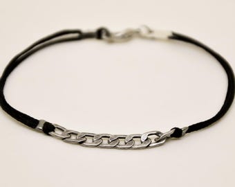 Bracelet for men, silver flat link chain with a beige cord, groomsmen gift, mens bracelet for him, yoga men's jewelry, minimalist