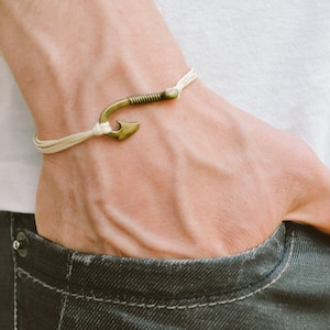 Men&#39;s bracelet, fish hook bracelet for men, beige cord with bronze hook, nautical, off white string, fish hook, gift for him, mans jewelry