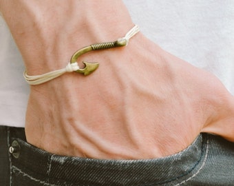 Men's Bracelet, Fish Hook Bracelet for Men, Beige Cord With Bronze