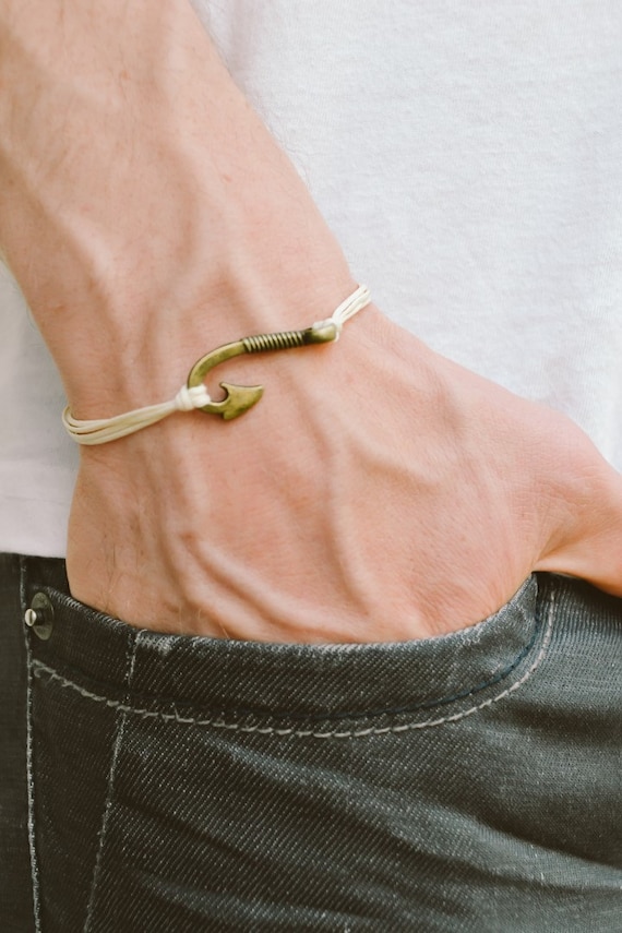 Men's Bracelet, Fish Hook Bracelet for Men, Beige Cord With Bronze Hook,  Nautical, off White String, Fish Hook, Gift for Him, Mans Jewelry 
