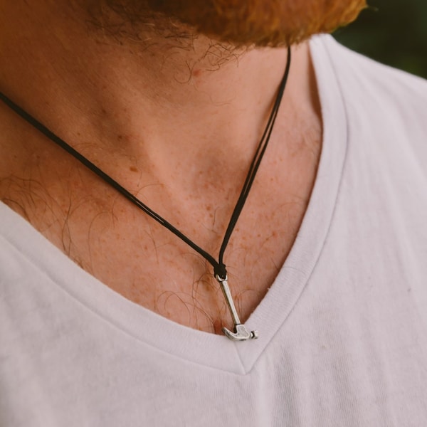 hammer necklace for men, men's hammer necklace with black cord, silver charm. gift for him, handyman, mens jewelry, gift for boyfriend