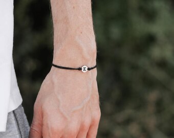 Personalized Gift For Men Letter Bracelet, Men's Initial Bracelet, Stainless Steel Charm, Black String, Custom Mens Jewelry, Gift For Dad