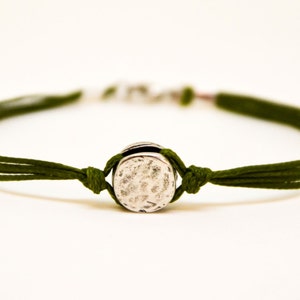 Bracelet for men, cord bracelet with a silver plated round bead charm, green string, custom color size, gift for him, men&#39;s bracelet, karma