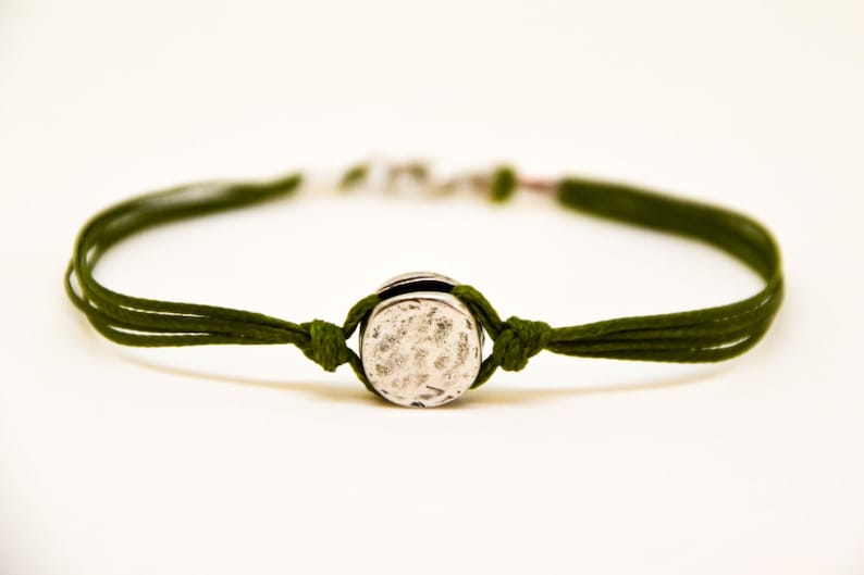 Men's bracelet, green cord bracelet for men with a silver round charm, green cord, bracelet for men, gift for him, men's jewelry, karma image 2