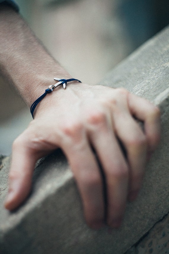 Anchor Bracelet for Men, Men's Bracelet, Silver Anchor Charm, Blue