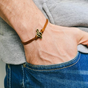 Pulseira de clave de sol para homens, pulseira masculina, pingente de nota musical de bronze, cordões marrons, presente para ele, pulseira de músico, clave de sol, joias masculinas