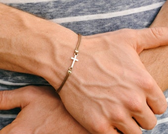 Cross bracelet for men, Birthday gift, men's bracelet with a silver cross pendant, brown cord, gift for him, christian catholic jewelry