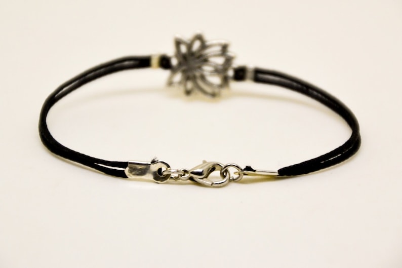 Lotus bracelet for men silver tone charm men's bracelet summer outfits men Lotus flower bracelet black string gift for him yoga jewelry