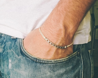 Bracelet for men, silver flat link chain with a beige cord, groomsmen gift, mens bracelet for him, yoga bracelet. men's jewelry, minimalist