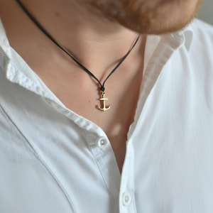 Anchor necklace for men bronze anchor pendant custom size and color string necklace gift for him, black cord, skipper sailor mens jewelry