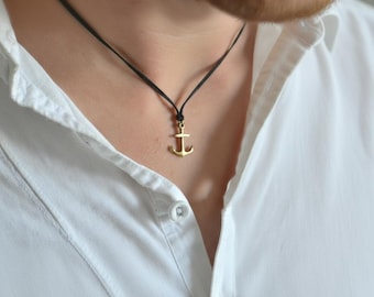 Anchor necklace for men bronze anchor pendant custom size and color string necklace gift for him, black cord, skipper sailor mens jewelry