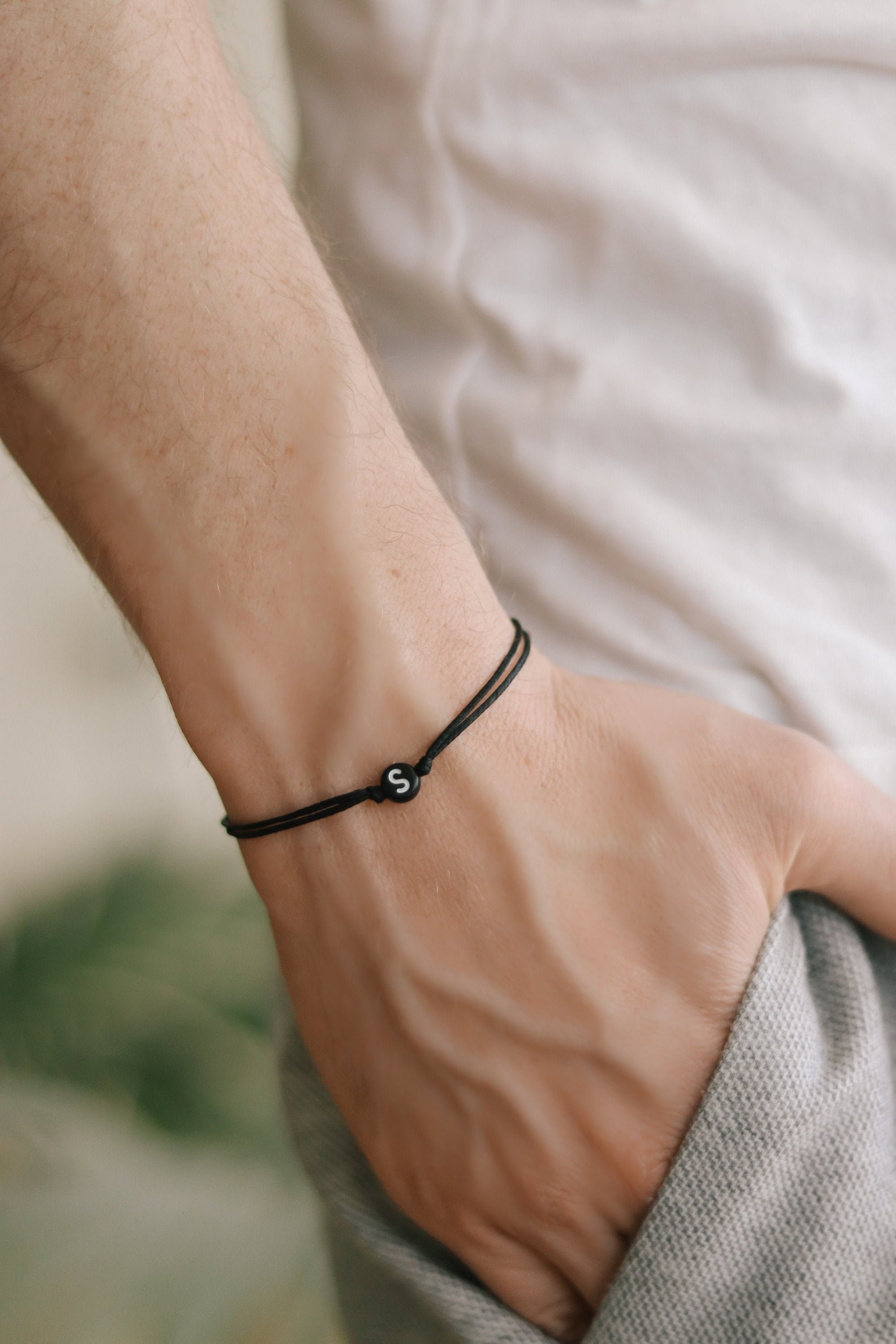 Initial Bracelet Customise Men s Bracelet Black Round Bead English Letter Black Cord Personalised Monogram Bracelet for Men Gift for Him Etsy