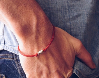 Skull bracelet for men, men's bracelet with silver skull bead charm red cord, custom gift for him, skeleton, festival jewelry, beach summer