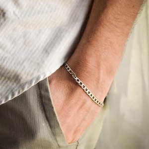 Mens Bracelet Silver Chain Bracelet For Men Flat Link Chain Boyfriend Gift For Man Minimalist Jewelry Gift Wrapped For Husband Birthday Gift