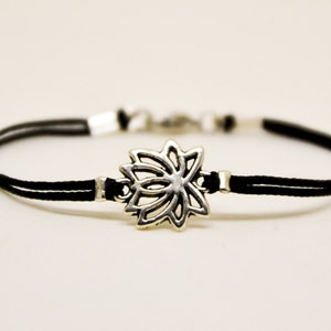Lotus bracelet for men silver tone charm men's bracelet summer outfits men Lotus flower bracelet black string gift for him yoga jewelry