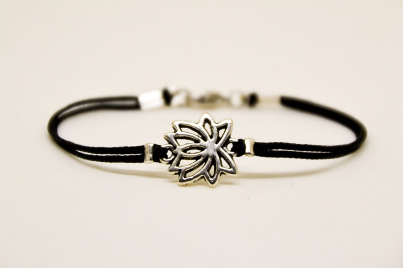 Lotus bracelet for men silver tone charm men's bracelet summer outfits men Lotus flower bracelet black string gift for him yoga jewelry