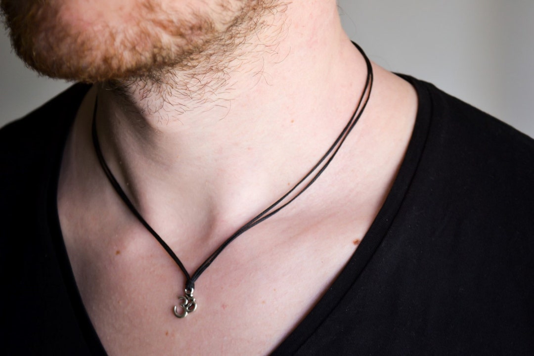 Men's Necklace With a Black Cord and a Silver Ohm Pendant, Om Necklace