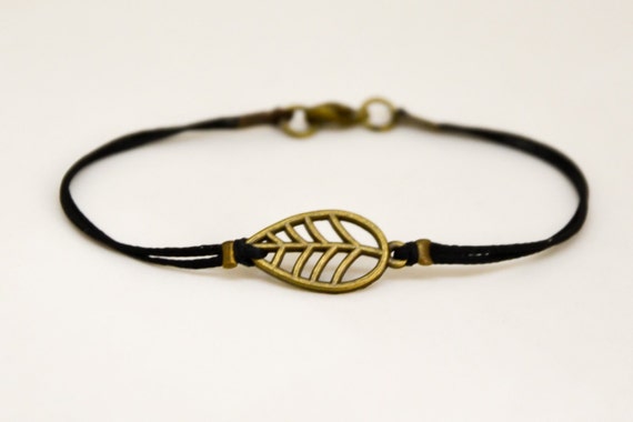 Leaf Bracelet for Men, Men's Bracelet, Bronze Leaf Cutout Charm, Black Cord, Gift for Him, Nature Bracelet, Men's Jewelry, Hippie Bracelet