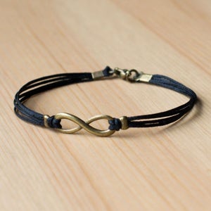 handmade bronze infinity charm bracelet for men black cord custom size and color