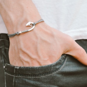 Men's bracelet, gray cord bracelet for men with silver hook charm, grey cord, bracelet for men, fish hook, gift for him, mens jewelry