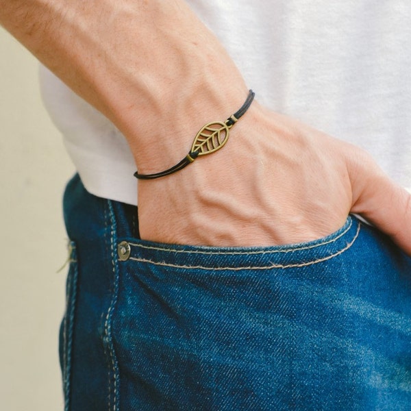 Leaf bracelet for men, men's bracelet, bronze leaf cutout charm, black cord, gift for him, nature bracelet, men's jewelry, hippie bracelet